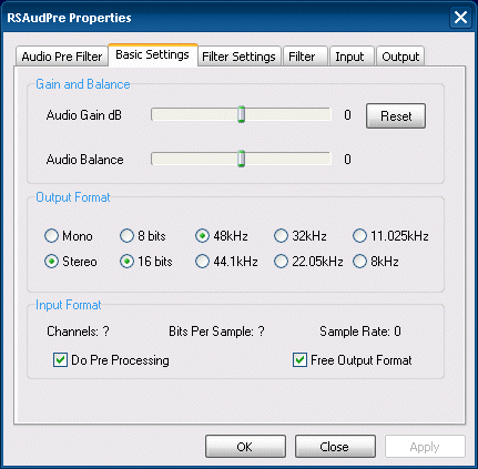 Audio Pre-filter property page
