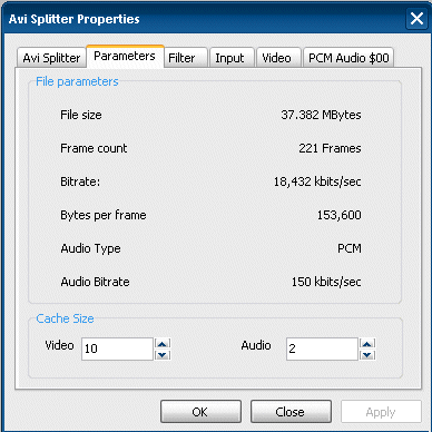 Avi Splitter property page