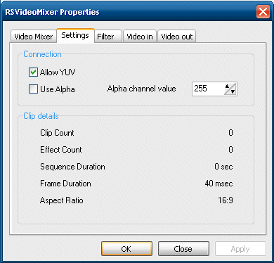 Video Mixer property page