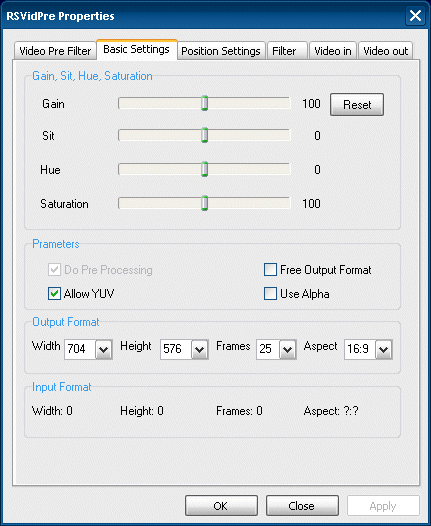 Video Pre-filter property page